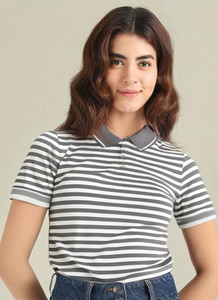 MACK JONNEY Striped Women Polo Neck Grey T-Shirt