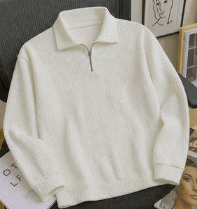 Try This Striped Men Zip Neck White, Silver, Beige T-Shirt