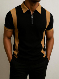 Try This Colorblock Men Zip Neck Black T-Shirt