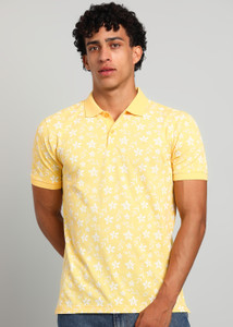 PARK AVENUE Floral Print Men Polo Neck Yellow T-Shirt