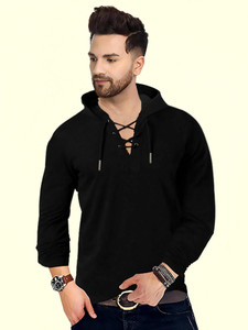 JUGULAR Solid Men Hooded Neck Black T-Shirt