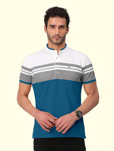 Bullmer Striped Men Mandarin Collar Blue T-Shirt