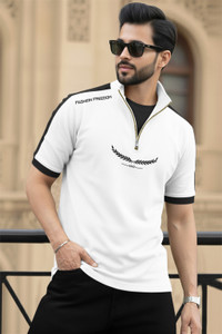 TRIPR Printed Men Henley Neck White, Black T-Shirt
