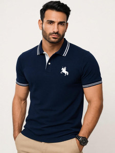 SCATCHITE Solid Men Polo Neck Navy Blue T-Shirt