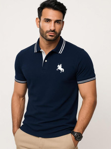 SCATCHITE Solid Men Polo Neck Navy Blue T-Shirt