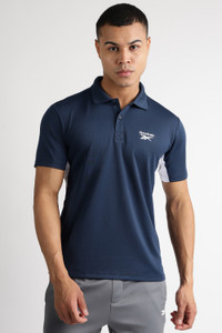 REEBOK Solid Men Polo Neck Navy Blue T-Shirt