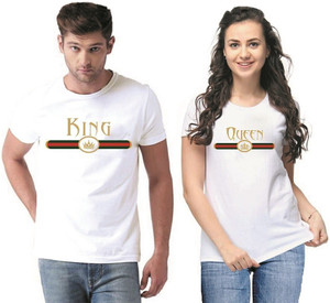 JH MART Printed Couple Round Neck White T-Shirt