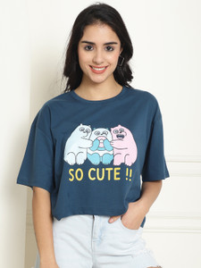 DreamBe Graphic Print Women Round Neck Dark Blue T-Shirt
