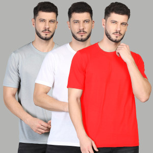 INKKR Solid Men Round Neck Red, Silver, Grey T-Shirt