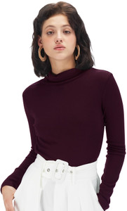 FashMind Self Design Women Turtle Neck Purple T-Shirt