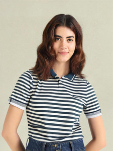 MACK JONNEY Striped Women Polo Neck Blue T-Shirt