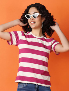 V-MART Striped Women Round Neck Beige T-Shirt