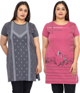 Star Touch Floral Print Women Round Neck Red, Grey T-Shirt