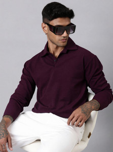LEWEL Solid Men Polo Neck Maroon T-Shirt