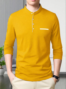 AUSK Solid Men Mandarin Collar Yellow T-Shirt