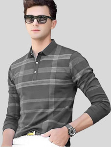 Bell Paper Checkered Men Mandarin Collar Grey T-Shirt