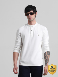 JACK & JONES Solid Men Henley Neck White T-Shirt