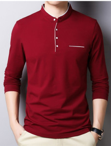 Bell Paper Colorblock Men Mandarin Collar Maroon T-Shirt