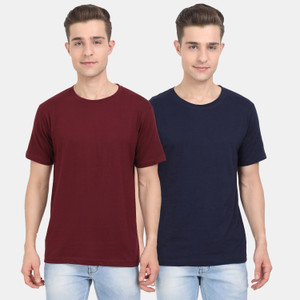 Fleximaa Solid Men Round Neck Maroon, Navy Blue T-Shirt
