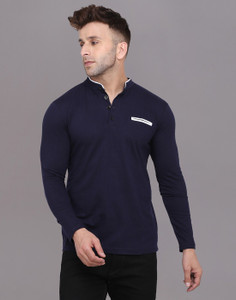 GEUM Solid Men Mandarin Collar Dark Blue T-Shirt