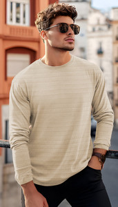 VCANEE Solid Men Round Neck Beige T-Shirt