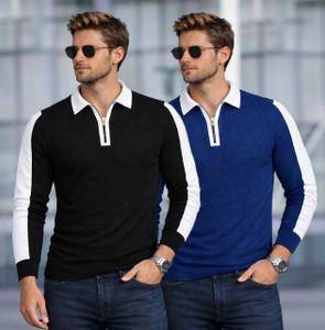 SCATCHITE Colorblock Men Zip Neck Black, Blue T-Shirt