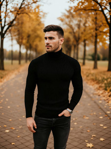 clothyy Striped Men High Neck Black T-Shirt