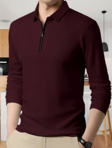 GARBLY CLUB Solid Men Polo Neck Maroon T-Shirt