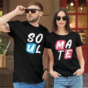 FINETTOUCH Typography Couple Round Neck Black T-Shirt