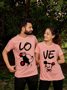 HouseOfCommon Printed Couple Round Neck Pink T-Shirt
