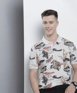 The Indian Garage Co. Printed Men Polo Neck Beige T-Shirt