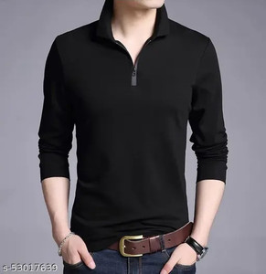 InkTees Solid Men Zip Neck Black T-Shirt