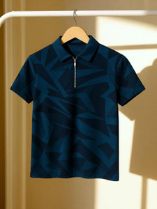 Try This Checkered Men Zip Neck Light Blue, Blue T-Shirt