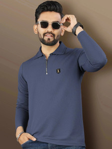 VeBNoR Solid Men Zip Neck Grey T-Shirt