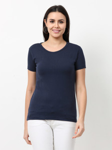 Wafaa Solid Women Round Neck Dark Blue T-Shirt