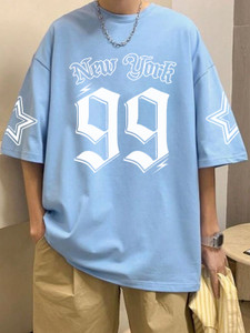 MEG Printed Men Round Neck Light Blue T-Shirt