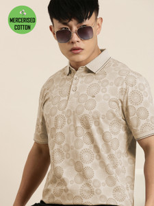 JOVEN Printed Men Polo Neck Beige T-Shirt