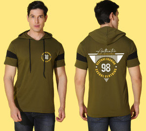 WOOSTRO Printed Men Hooded Neck Dark Green T-Shirt