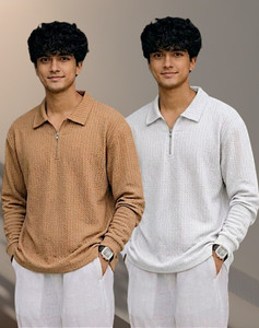 ADIXUS Self Design Men Zip Neck Beige, Maroon T-Shirt