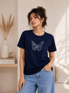 Adyavastram Printed Women Round Neck Navy Blue T-Shirt