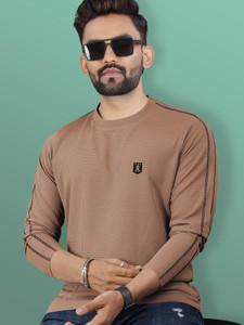 VeBNoR Self Design Men Round Neck Brown T-Shirt