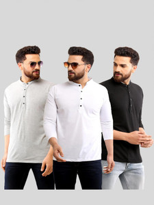 SCATCHITE Solid Men Mandarin Collar White, Black, Grey T-Shirt
