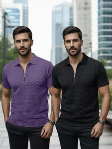 METRONAUT Self Design Men Zip Neck Multicolor T-Shirt