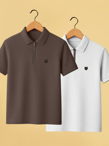 Yazole Solid Men Polo Neck Brown, White T-Shirt