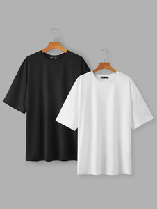 subba store Solid Men Round Neck White, Black T-Shirt