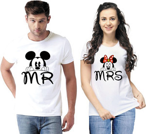 JH MART Printed Couple Round Neck White T-Shirt