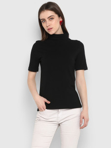 METRONAUT Solid Women Turtle Neck Black T-Shirt