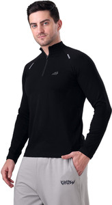 grow Solid Men Henley Neck Black T-Shirt