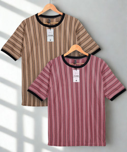 WOXEN Striped Men Round Neck Brown, Pink T-Shirt