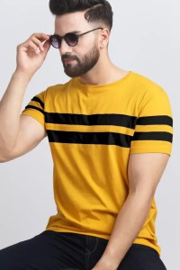 FARBOT Striped Men Round Neck Yellow T-Shirt